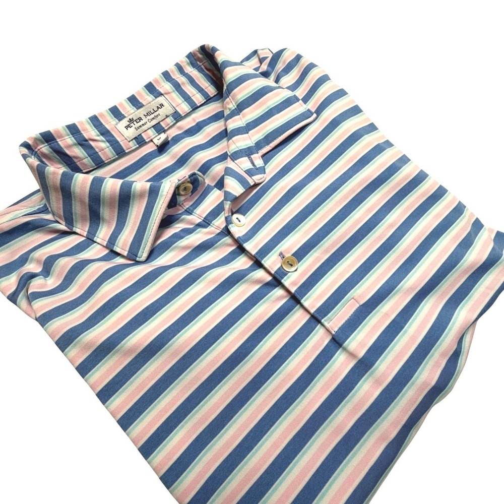 Peter Millar Summer Comfort Men's XL Polo blue white pink stripe Golf stretch